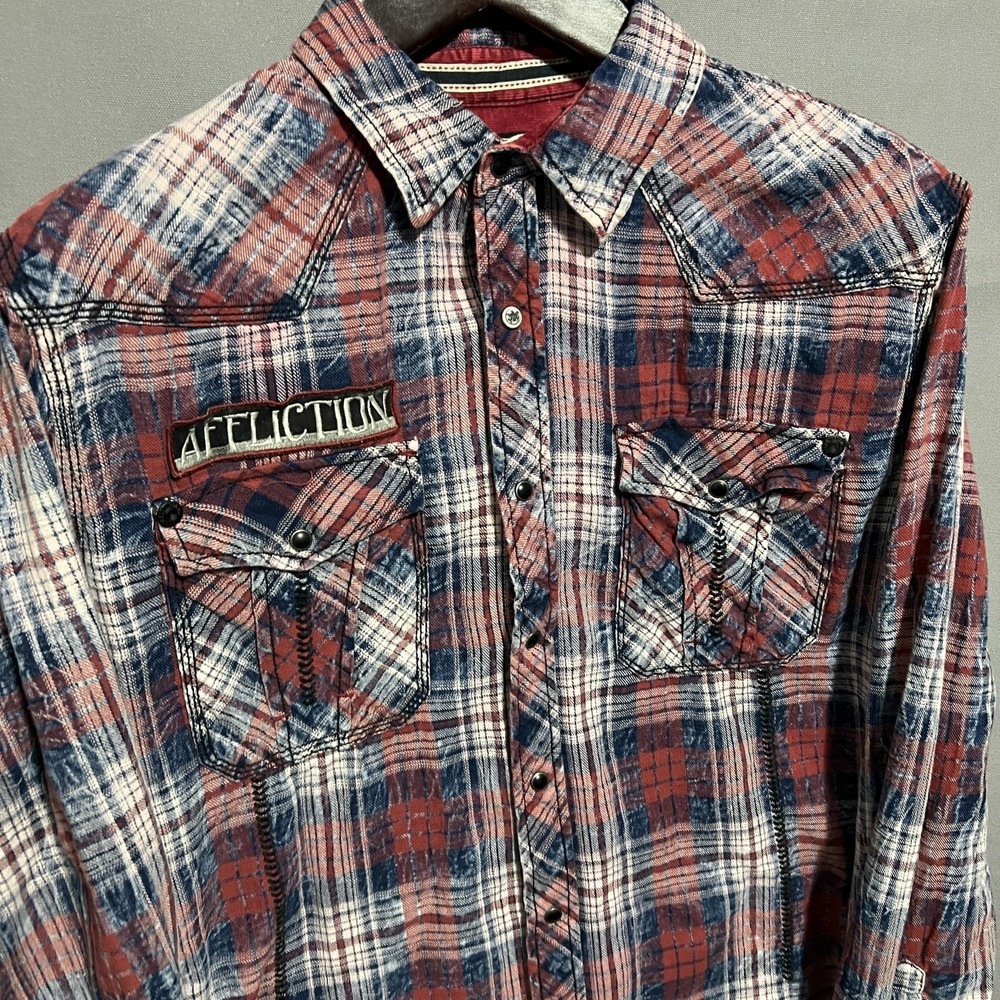 Affliction Shirt Mens XL Red Plaid Snap Button Western Limited Edition - Picture 3 of 5